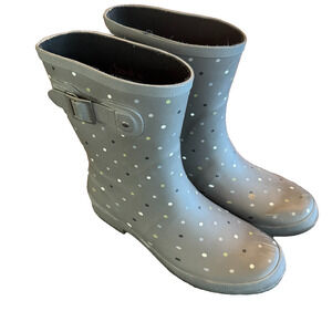 Chooka Fremont mid Calf Black Rain Boots Women’s 10 gray polka dot rubber